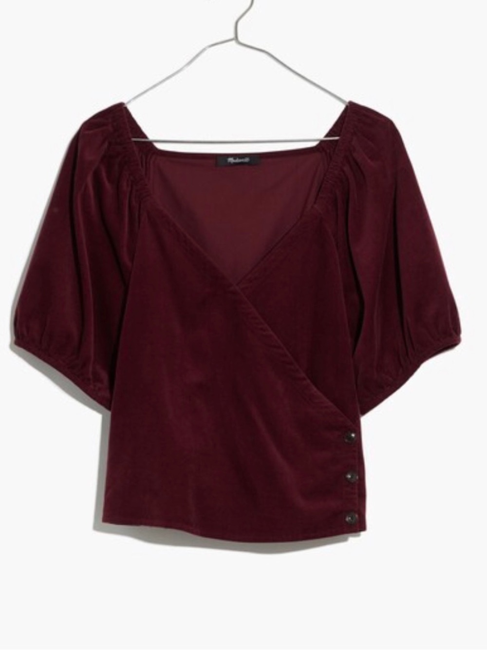 NEW Madewell Corduroy Velvet Short Puff Sleeve Wrap Top Blouse Dark Fig